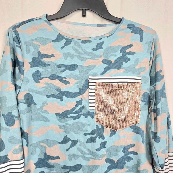 Womens Camo Stripe Long Sleeve Sequin Pocket Top S - Picture 2 of 5